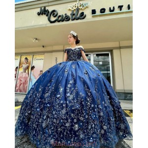 Off Shoulder Navy Blue Quinceanera Dresses Sweetheart Neck 15 Dress With 3D Flowers