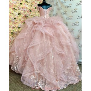 Off Shoulder Pink Quinceanera Dresses 3D Flowers V Neck 15 Dress