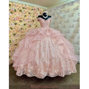 Off Shoulder Pink Quinceanera Dresses 3D Flowers V Neck 15 Dress