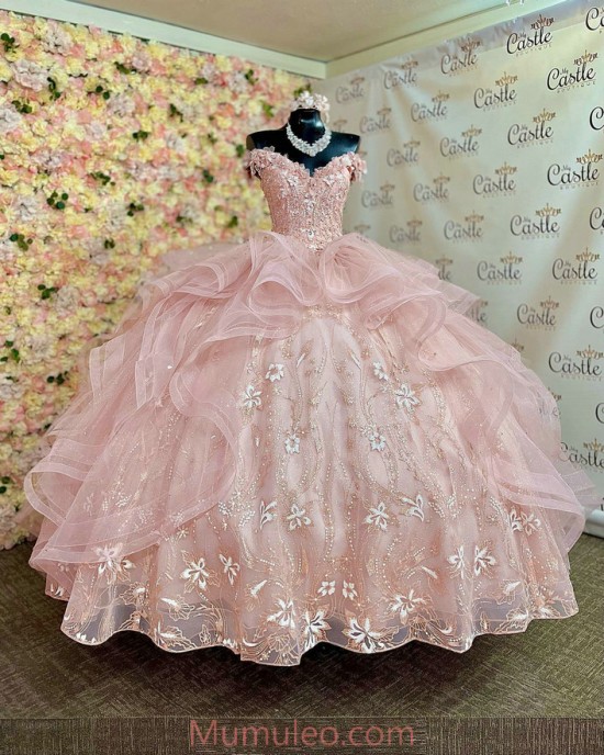 Off Shoulder Pink Quinceanera Dresses 3D Flowers V Neck 15 Dress