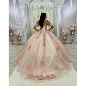 Off Shoulder Pink Quinceanera Dresses Crystal Sequin Sweetheart Neck 15 Dress