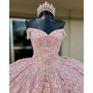 Off Shoulder Pink Quinceanera Dresses Metallic Sequin Sweetheart Neck 15 Dress