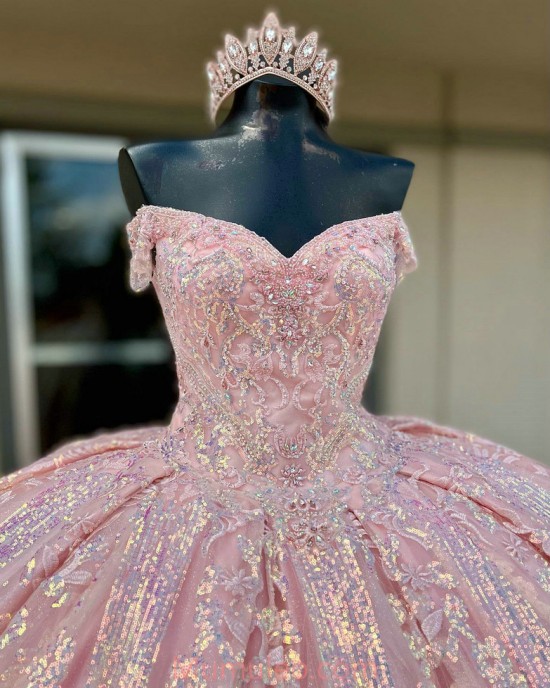 Off Shoulder Pink Quinceanera Dresses Metallic Sequin Sweetheart Neck 15 Dress