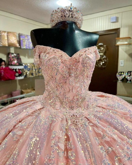 Off Shoulder Pink Quinceanera Dresses Metallic Sequin Sweetheart Neck 15 Dress