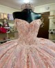 Off Shoulder Pink Quinceanera Dresses Metallic Sequin Sweetheart Neck 15 Dress