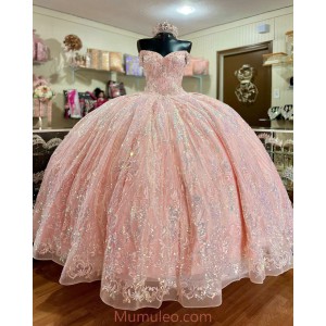 Off Shoulder Pink Quinceanera Dresses Metallic Sequin Sweetheart Neck 15 Dress