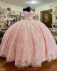 Off Shoulder Pink Quinceanera Dresses Metallic Sequin Sweetheart Neck 15 Dress