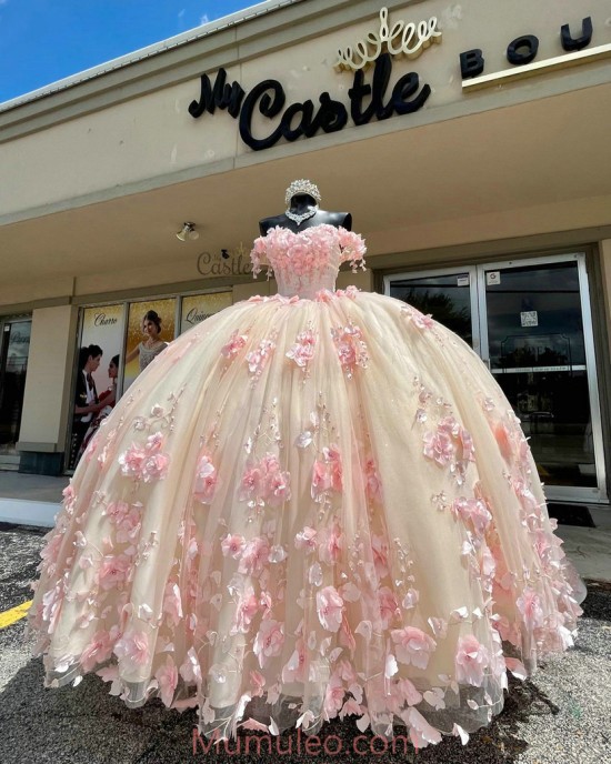 Off Shoulder Pink Quinceanera Dresses Sweetheart Neck 15 Dress With 3D Flowers