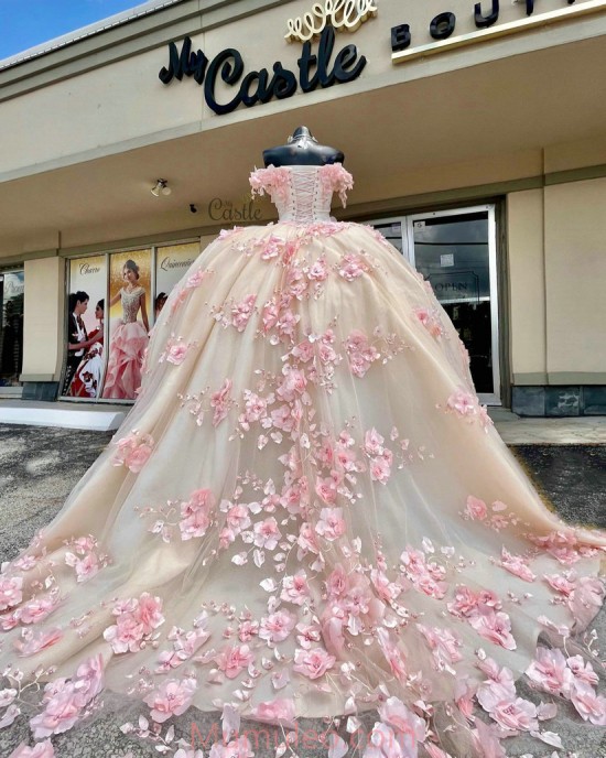 Off Shoulder Pink Quinceanera Dresses Sweetheart Neck 15 Dress With 3D Flowers