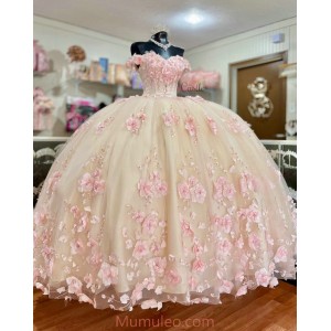 Off Shoulder Pink Quinceanera Dresses Sweetheart Neck 15 Dress With 3D Flowers