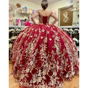 Off Shoulder Red Quinceanera Dresses Metallic Embroidered Sweetheart Neck 15 Dress