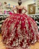 Off Shoulder Red Quinceanera Dresses Metallic Embroidered Sweetheart Neck 15 Dress