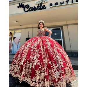 Off Shoulder Red Quinceanera Dresses Metallic Embroidered Sweetheart Neck 15 Dress