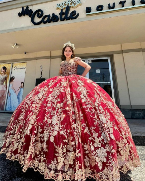 Off Shoulder Red Quinceanera Dresses Metallic Embroidered Sweetheart Neck 15 Dress