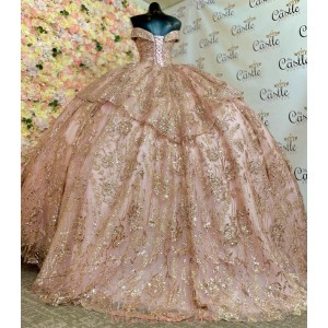 Off Shoulder Rose Gold Quinceanera Dresses Crystal Sequin V Neck 15 Dress