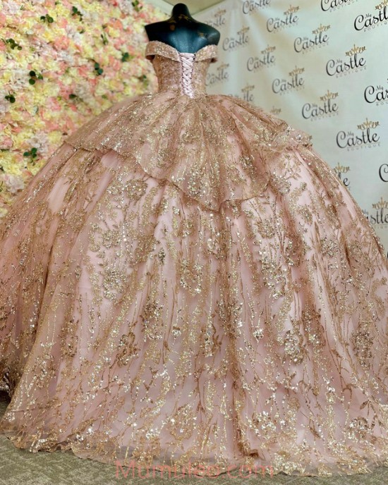 Off Shoulder Rose Gold Quinceanera Dresses Crystal Sequin V Neck 15 Dress