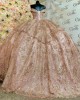 Off Shoulder Rose Gold Quinceanera Dresses Crystal Sequin V Neck 15 Dress