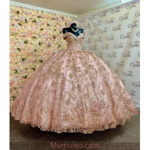 Off Shoulder Rose Gold Quinceanera Dresses Crystal Sequin V Neck 15 Dress