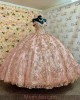 Off Shoulder Rose Gold Quinceanera Dresses Crystal Sequin V Neck 15 Dress