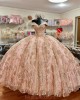 Off Shoulder Rose Gold Quinceanera Dresses Metallic Embroidered V Neck 15 Dress