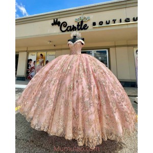 Off Shoulder Rose Gold Quinceanera Dresses Metallic Embroidered V Neck 15 Dress