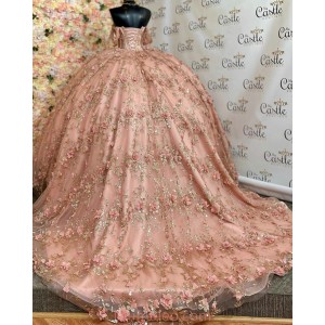 Off Shoulder Rose Gold Quinceanera Dresses Sweetheart Neck 15 Dress With 3D Flowers