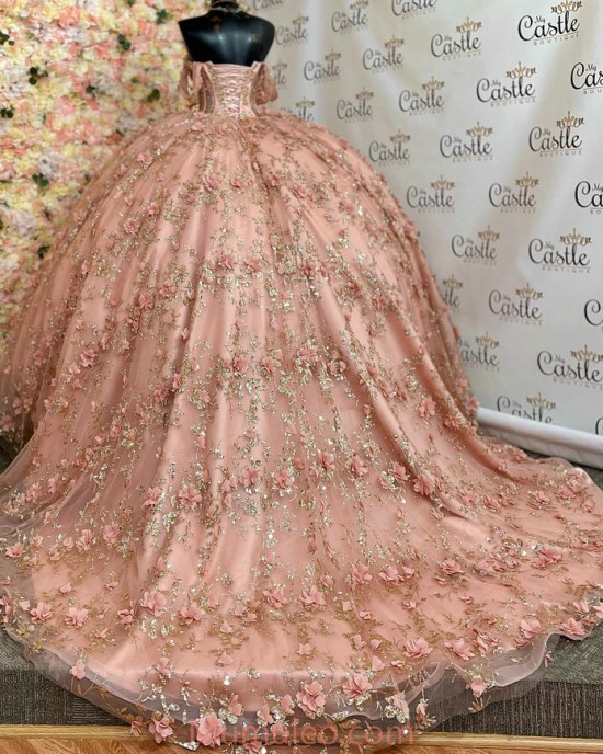 Off Shoulder Rose Gold Quinceanera Dresses Sweetheart Neck 15 Dress With 3D Flowers