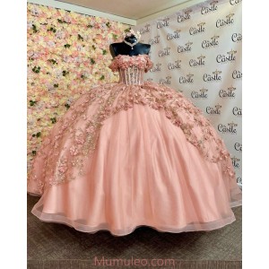 Off Shoulder Rose Gold Quinceanera Dresses Sweetheart Neck 15 Dress With 3D Flowers