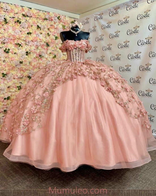 Off Shoulder Rose Gold Quinceanera Dresses Sweetheart Neck 15 Dress With 3D Flowers