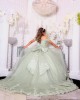 Off Shoulder Sage Green Quinceanera Dress Lace Appliques Sweetheart Neck 15 Dresses With Bow