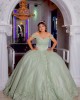 Off Shoulder Sage Green Quinceanera Dress Lace Appliques Sweetheart Neck 15 Dresses With Bow