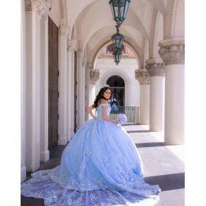 Off Shoulder Sky Blue Quinceanera Dress Lace Appliques Sweetheart Neck 15 Dresses