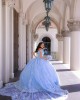 Off Shoulder Sky Blue Quinceanera Dress Lace Appliques Sweetheart Neck 15 Dresses