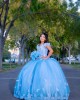 Off Shoulder Sky Blue Quinceanera Dress Lace Appliques Sweetheart Neck 15 Dresses With Bow