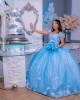 Off Shoulder Sky Blue Quinceanera Dress Lace Appliques Sweetheart Neck 15 Dresses With Bow