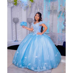 Off Shoulder Sky Blue Quinceanera Dress Lace Appliques Sweetheart Neck 15 Dresses With Bow