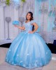 Off Shoulder Sky Blue Quinceanera Dress Lace Appliques Sweetheart Neck 15 Dresses With Bow