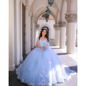 Off Shoulder Sky Blue Quinceanera Dress Lace Appliques Sweetheart Neck 15 Dresses