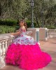 Ruffle Off Shoulder White On Pink Quinceanera Dress Lace Appliques Sweetheart Neck 15 Dresses