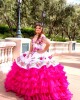 Ruffle Off Shoulder White On Pink Quinceanera Dress Lace Appliques Sweetheart Neck 15 Dresses