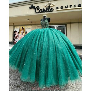 Scoop Neck Green Quinceanera Dresses Crystal Sequin 15 Dress With Spaghetti Strap