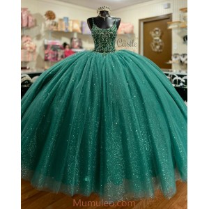 Scoop Neck Green Quinceanera Dresses Crystal Sequin 15 Dress With Spaghetti Strap