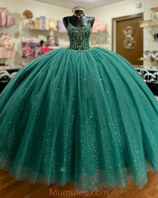 Scoop Neck Green Quinceanera Dresses Crystal Sequin 15 Dress With Spaghetti Strap