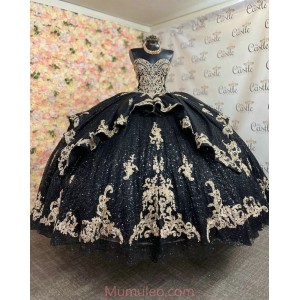 Sleeveless Black Quinceanera Dresses Metallic Sequin Sweetheart Neck 15 Dress