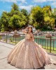 Sleeveless Champagne Quinceanera Dress Metallic Sequin Strapless 15 Dresses With Bow