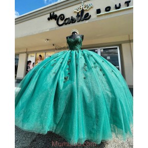 Spaghetti Strap Green Quinceanera Dresses Lace Appliques Sweetheart Neck 15 Dress With 3D Flowers