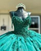 Spaghetti Strap Green Quinceanera Dresses Lace Appliques Sweetheart Neck 15 Dress With 3D Flowers