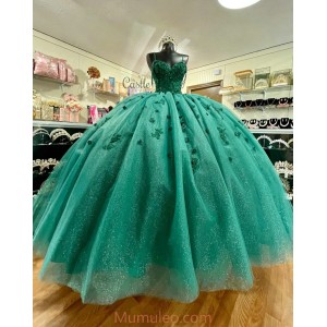 Spaghetti Strap Green Quinceanera Dresses Lace Appliques Sweetheart Neck 15 Dress With 3D Flowers