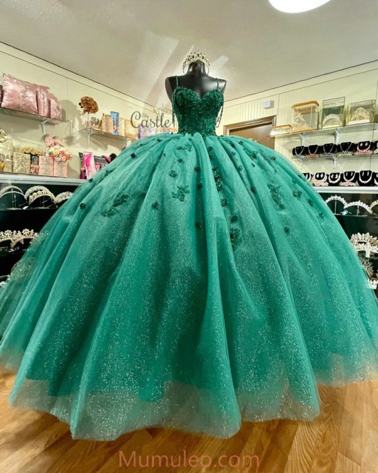 Spaghetti Strap Green Quinceanera Dresses Lace Appliques Sweetheart Neck 15 Dress With 3D Flowers