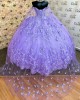 Spaghetti Strap Lilac Quinceanera Dresses Sleeveless V Neck 15 Dress With Lace Appliques